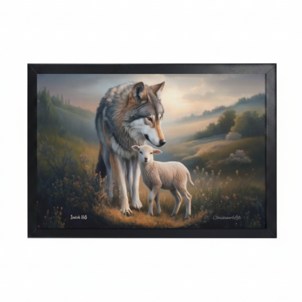Framed- Wolf and Lamb, Christian Wall Art, Black Framed Canvas Print, Isaiah 11:6