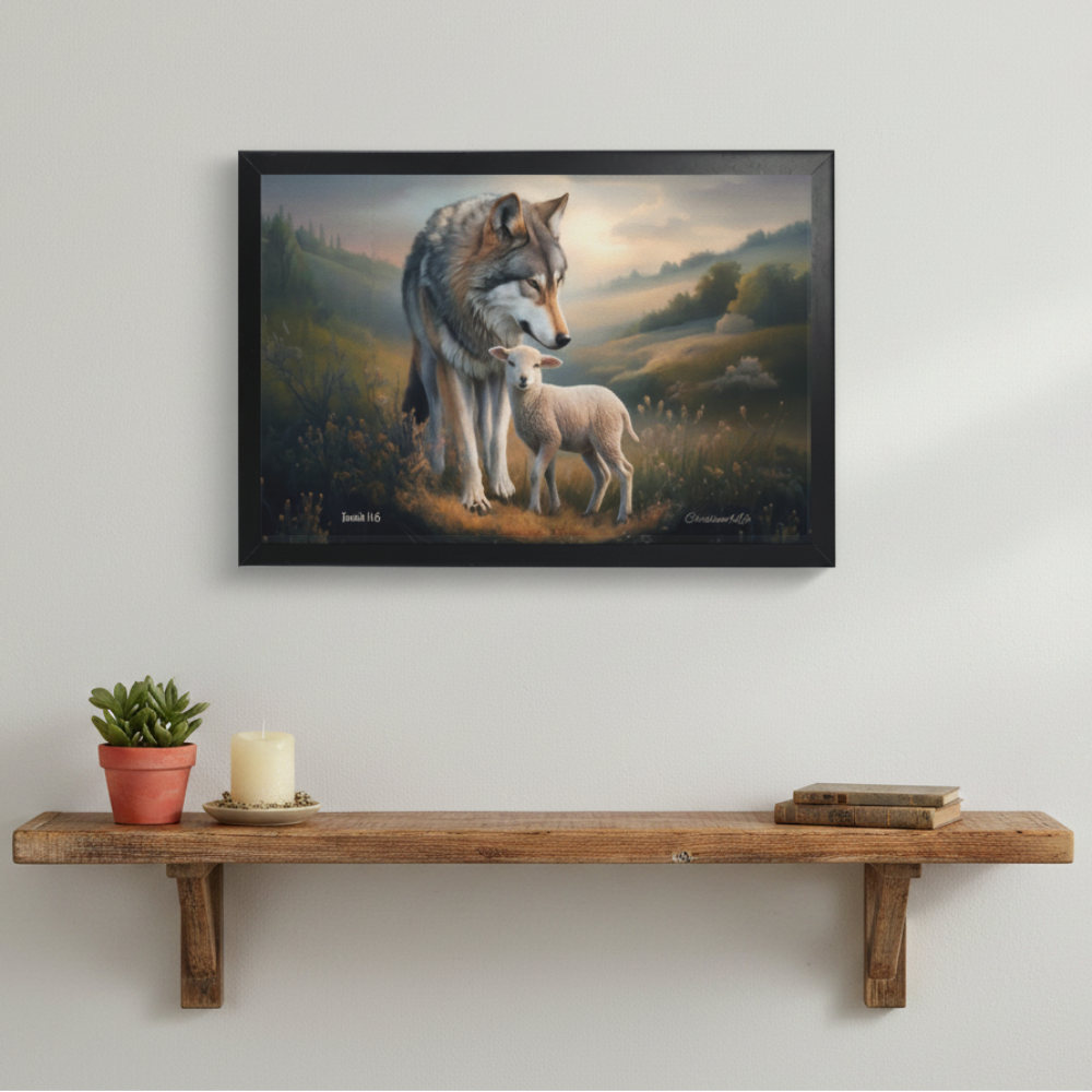 Framed- Wolf and Lamb, Christian Wall Art, Black Framed Canvas Print, Isaiah 11:6