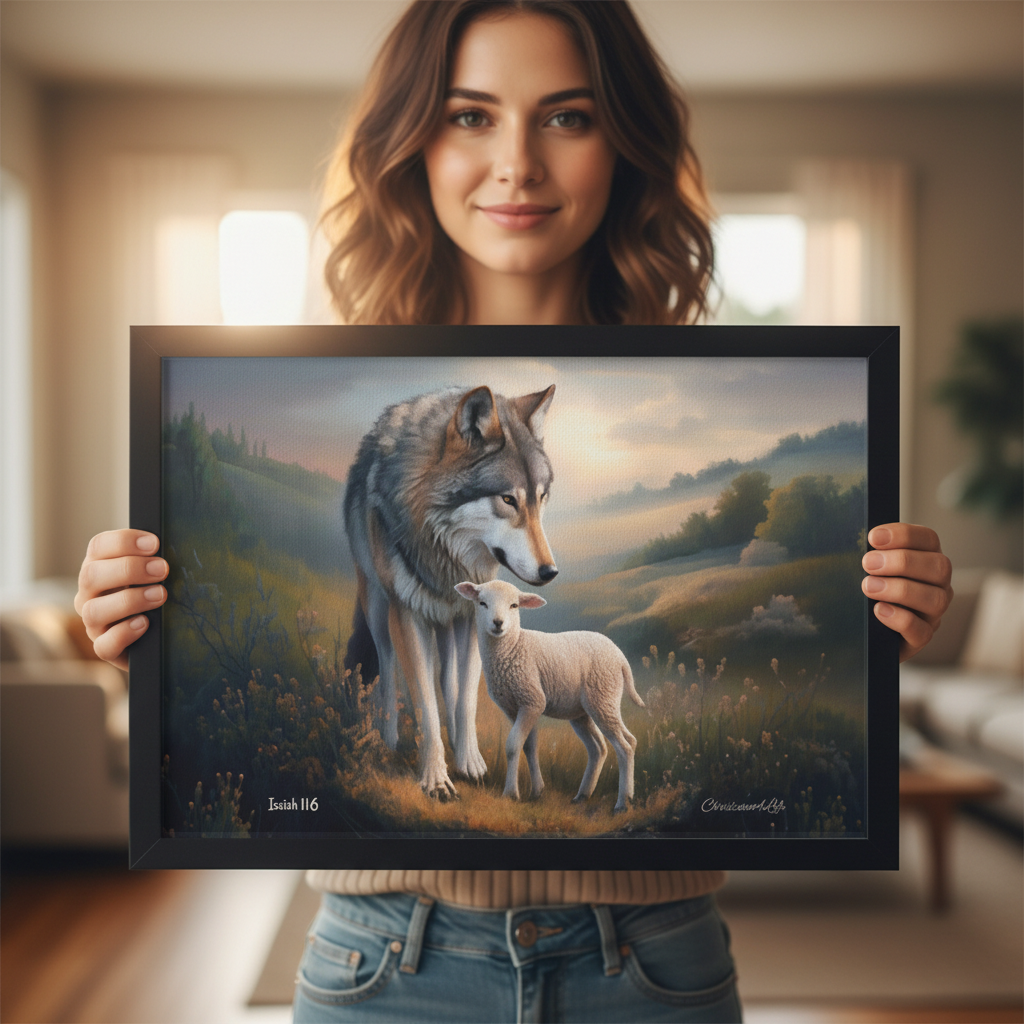 Framed- Wolf and Lamb, Christian Wall Art, Black Framed Canvas Print, Isaiah 11:6