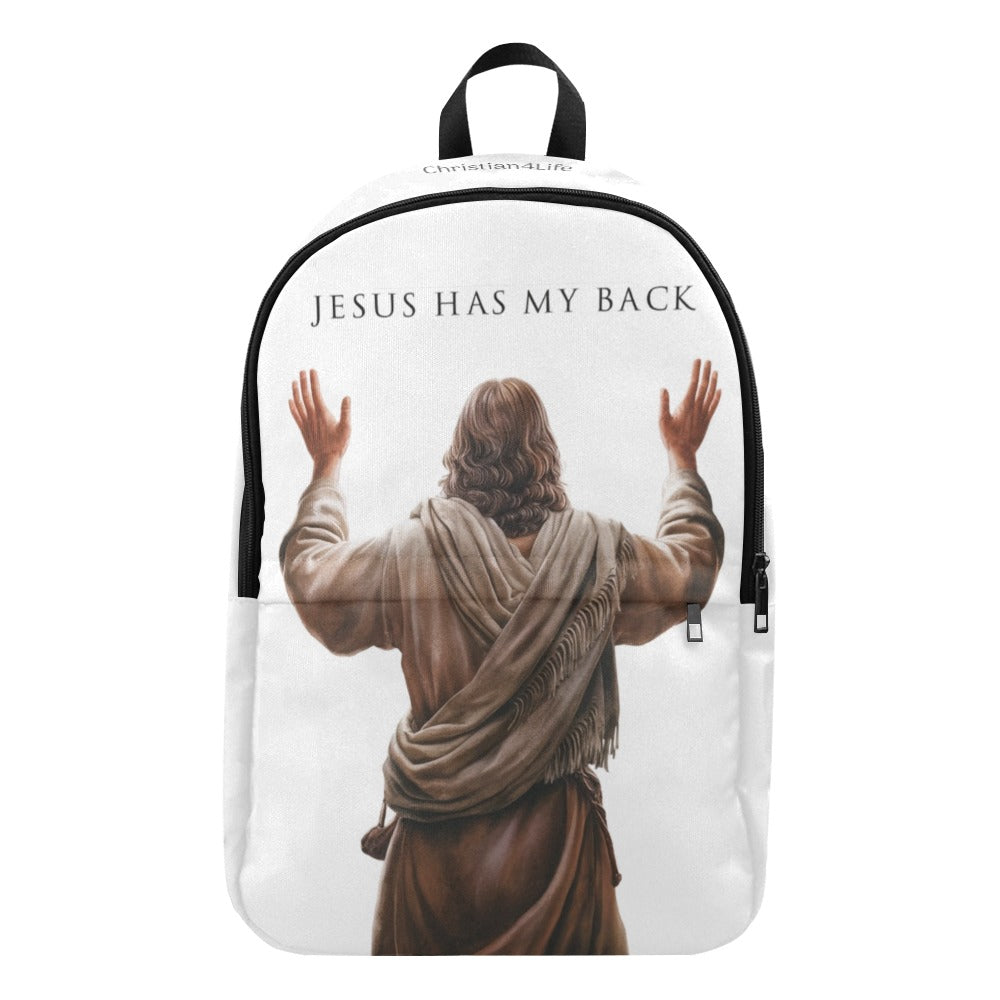 "Jesus Has My Back" Graphic design Christian Backpack (white)