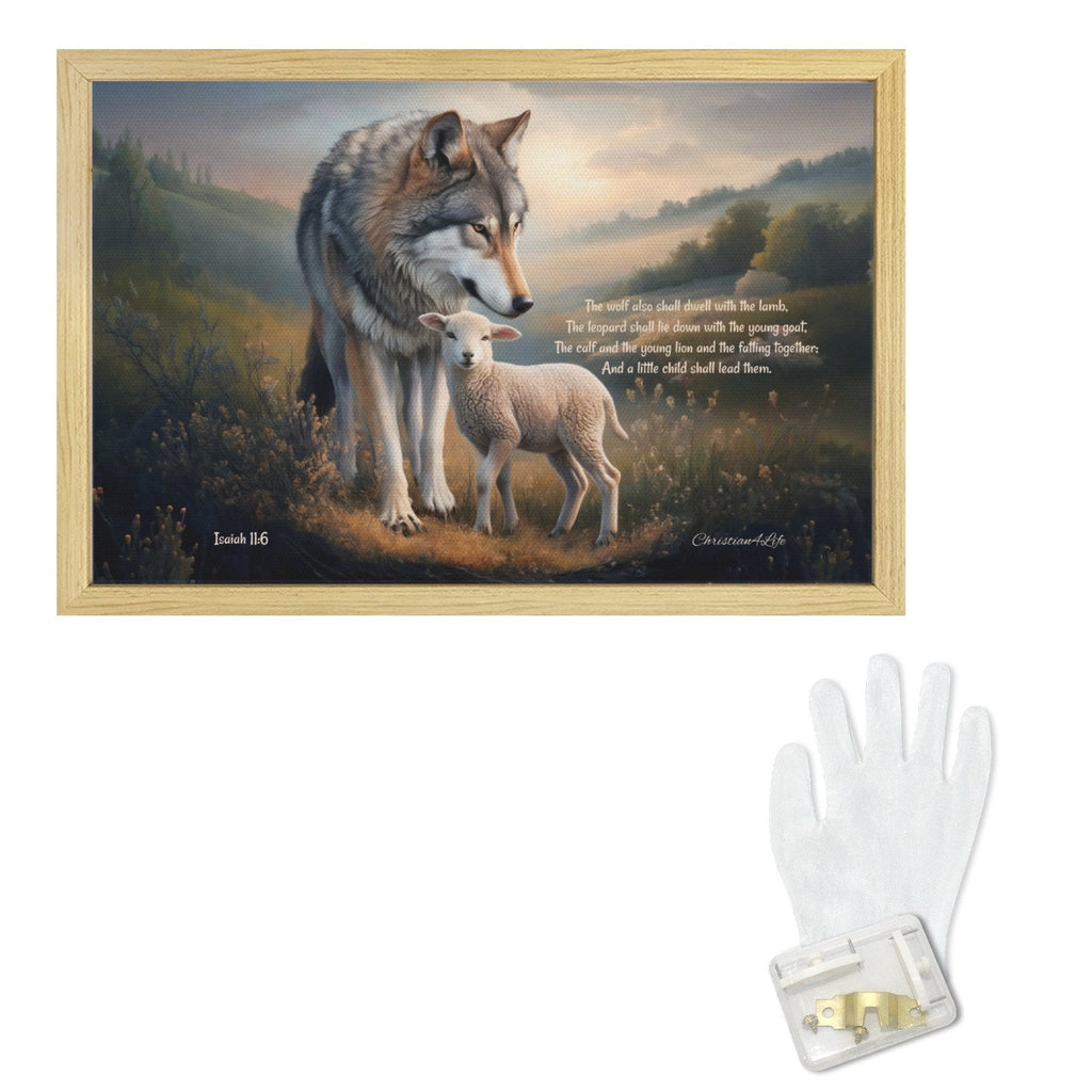 Framed - Wolf and Lamb with Isaiah 11:6 Quote, Christian Canvas, Wooden Frame