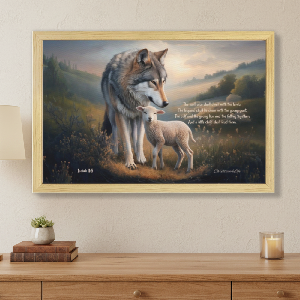 Framed - Wolf and Lamb with Isaiah 11:6 Quote, Christian Canvas, Wooden Frame