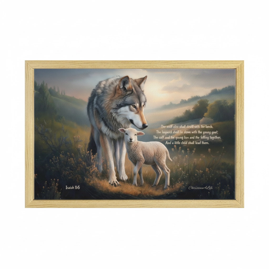 Framed - Wolf and Lamb with Isaiah 11:6 Quote, Christian Canvas, Wooden Frame