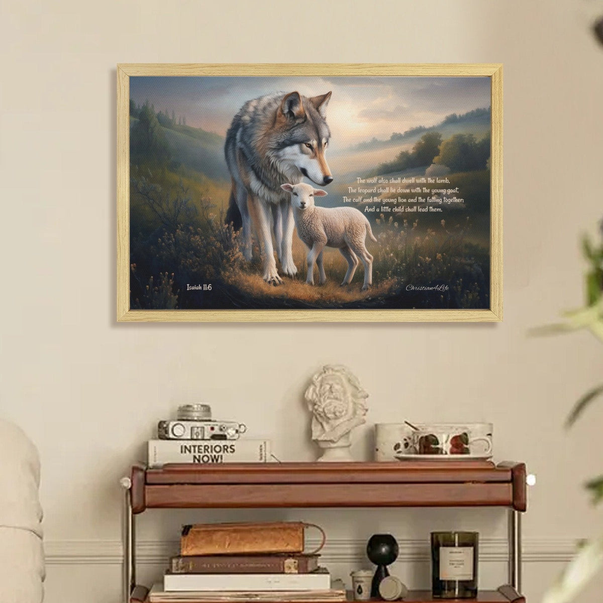 Framed - Wolf and Lamb with Isaiah 11:6 Quote, Christian Canvas, Wooden Frame