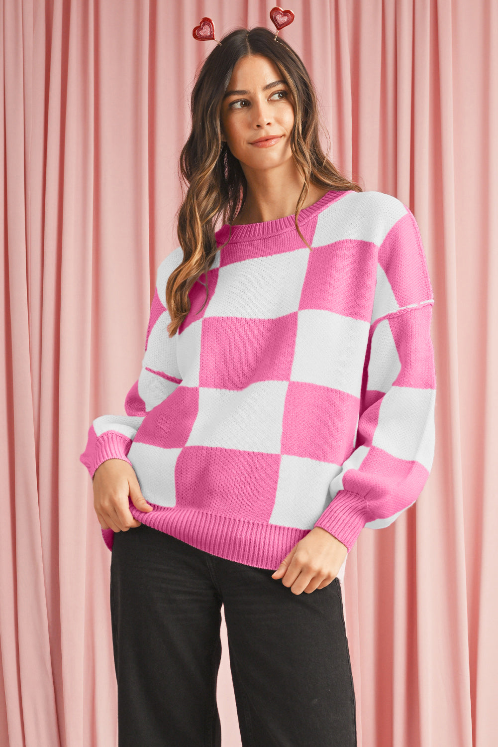 Dark Brown Plaid Bishop Sleeve Pullover Sweater