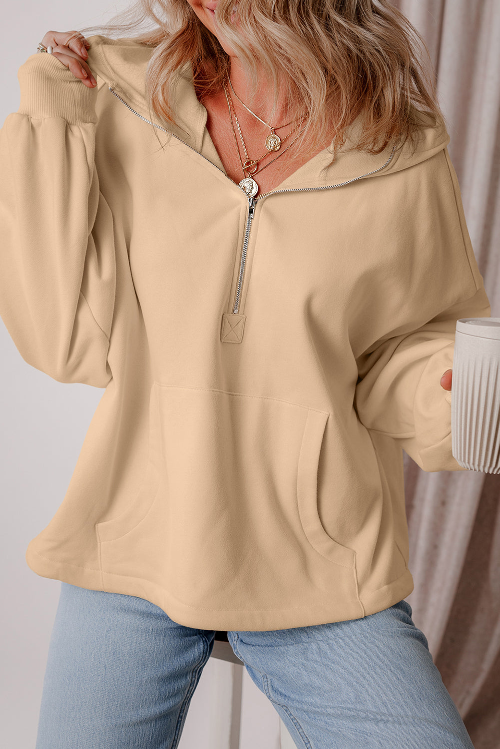 Orange Half Zipper Kangaroo Pockets Drop Shoulder Hoodie