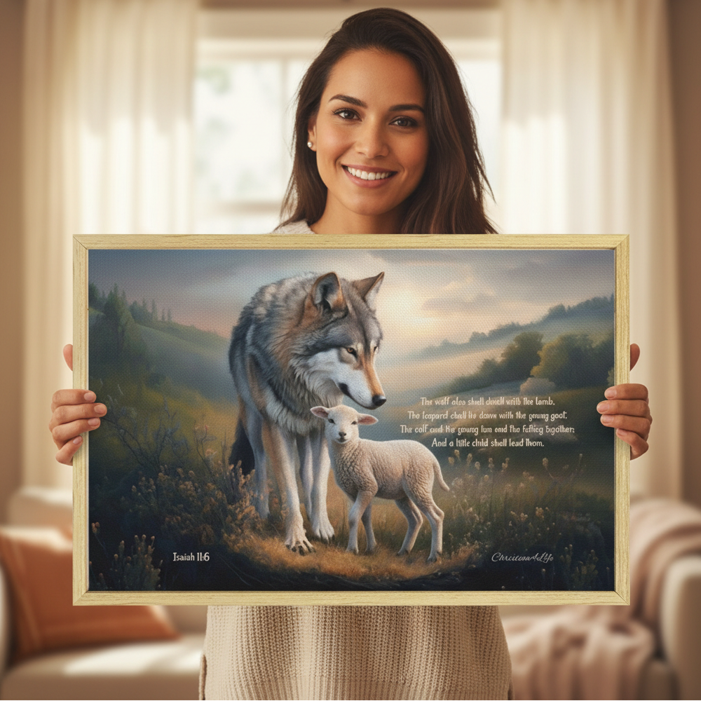Framed - Wolf and Lamb with Isaiah 11:6 Quote, Christian Canvas, Wooden Frame