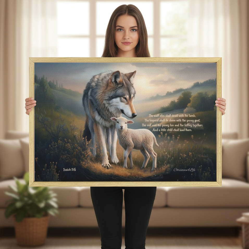 Framed - Wolf and Lamb with Isaiah 11:6 Quote, Christian Canvas, Wooden Frame