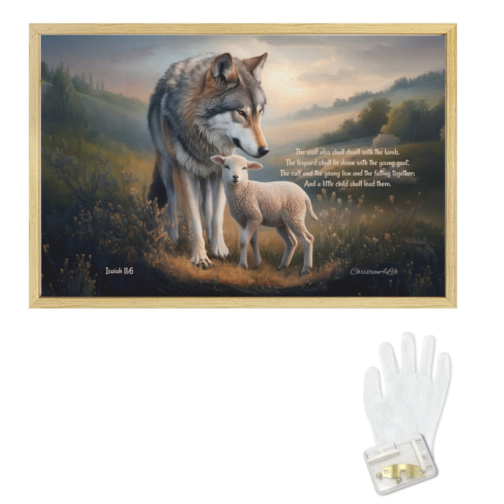 Framed - Wolf and Lamb with Isaiah 11:6 Quote, Christian Canvas, Wooden Frame