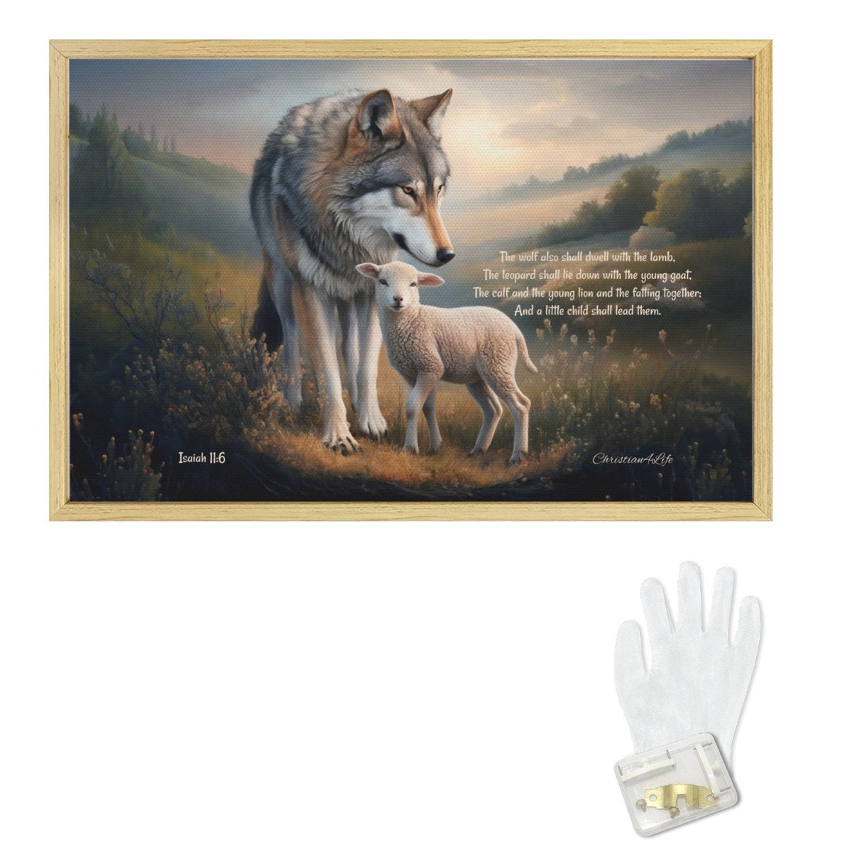 Framed - Wolf and Lamb with Isaiah 11:6 Quote, Christian Canvas, Wooden Frame