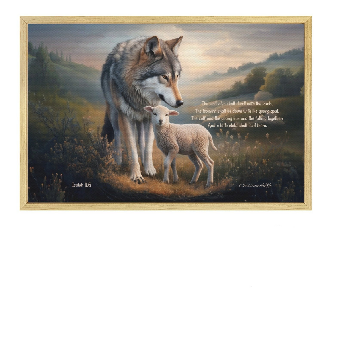Framed - Wolf and Lamb with Isaiah 11:6 Quote, Christian Canvas, Wooden Frame