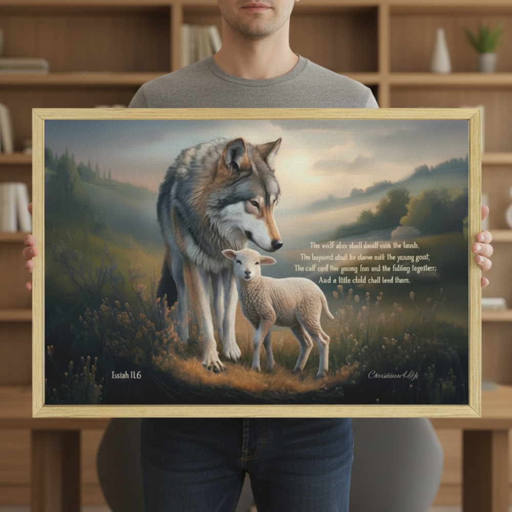 Framed - Wolf and Lamb with Isaiah 11:6 Quote, Christian Canvas, Wooden Frame