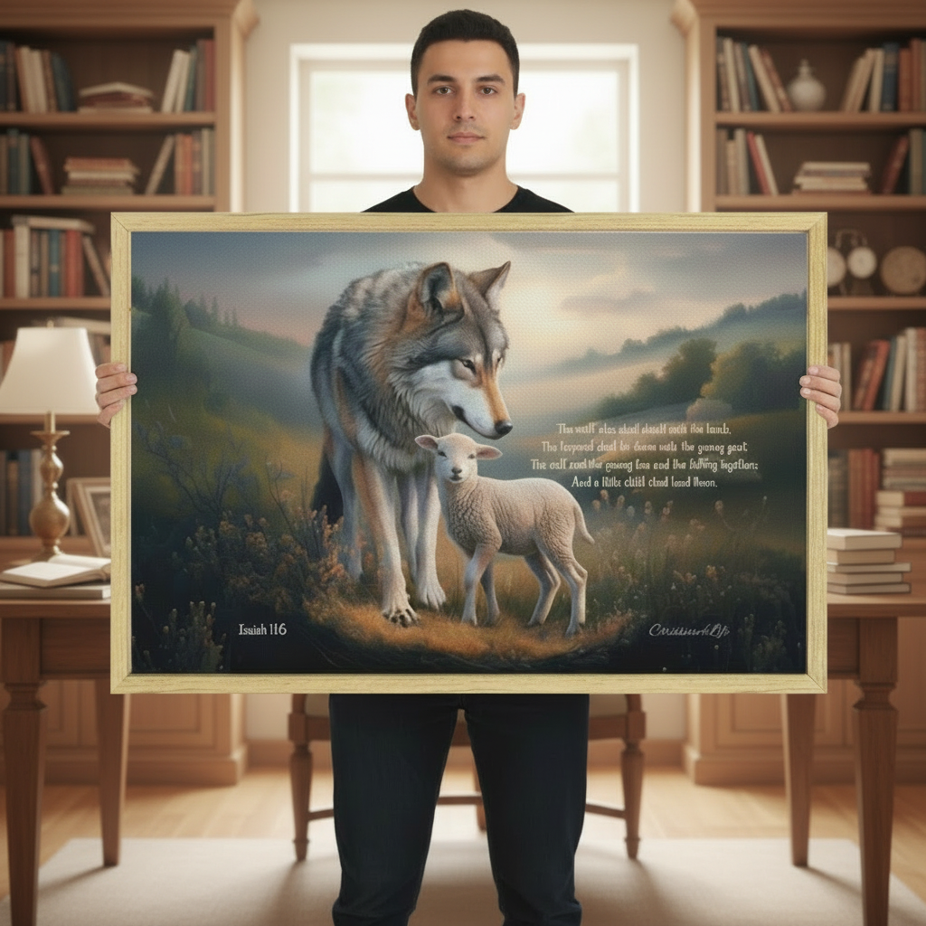 Framed - Wolf and Lamb with Isaiah 11:6 Quote, Christian Canvas, Wooden Frame