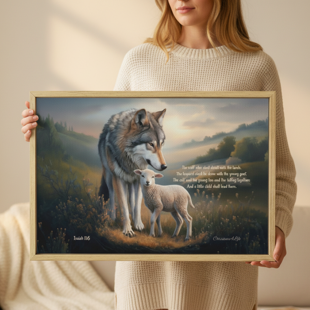 Framed - Wolf and Lamb with Isaiah 11:6 Quote, Christian Canvas, Wooden Frame