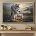 Framed - Wolf and Lamb with Isaiah 11:6 Quote, Christian Canvas, Wooden Frame