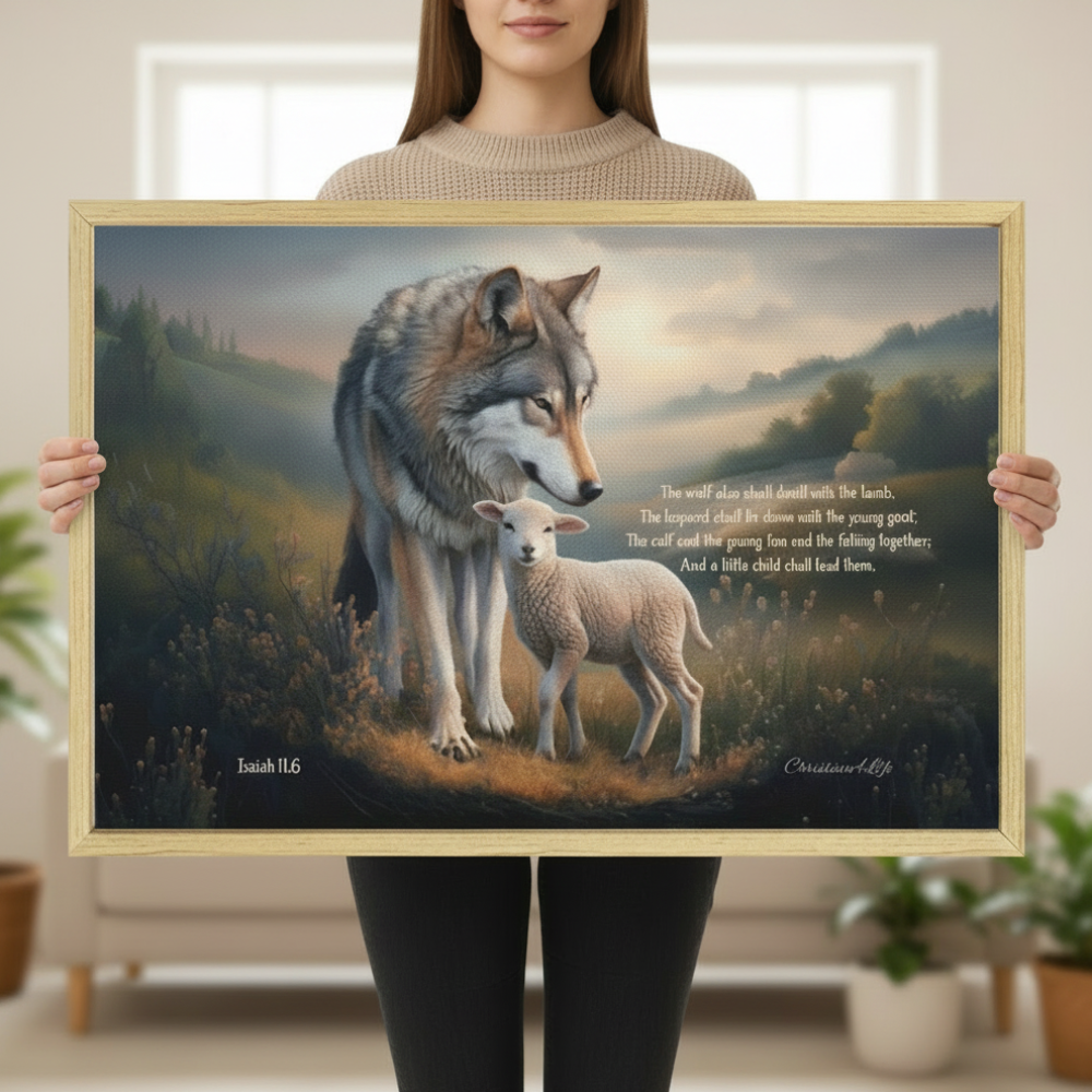 Framed - Wolf and Lamb with Isaiah 11:6 Quote, Christian Canvas, Wooden Frame