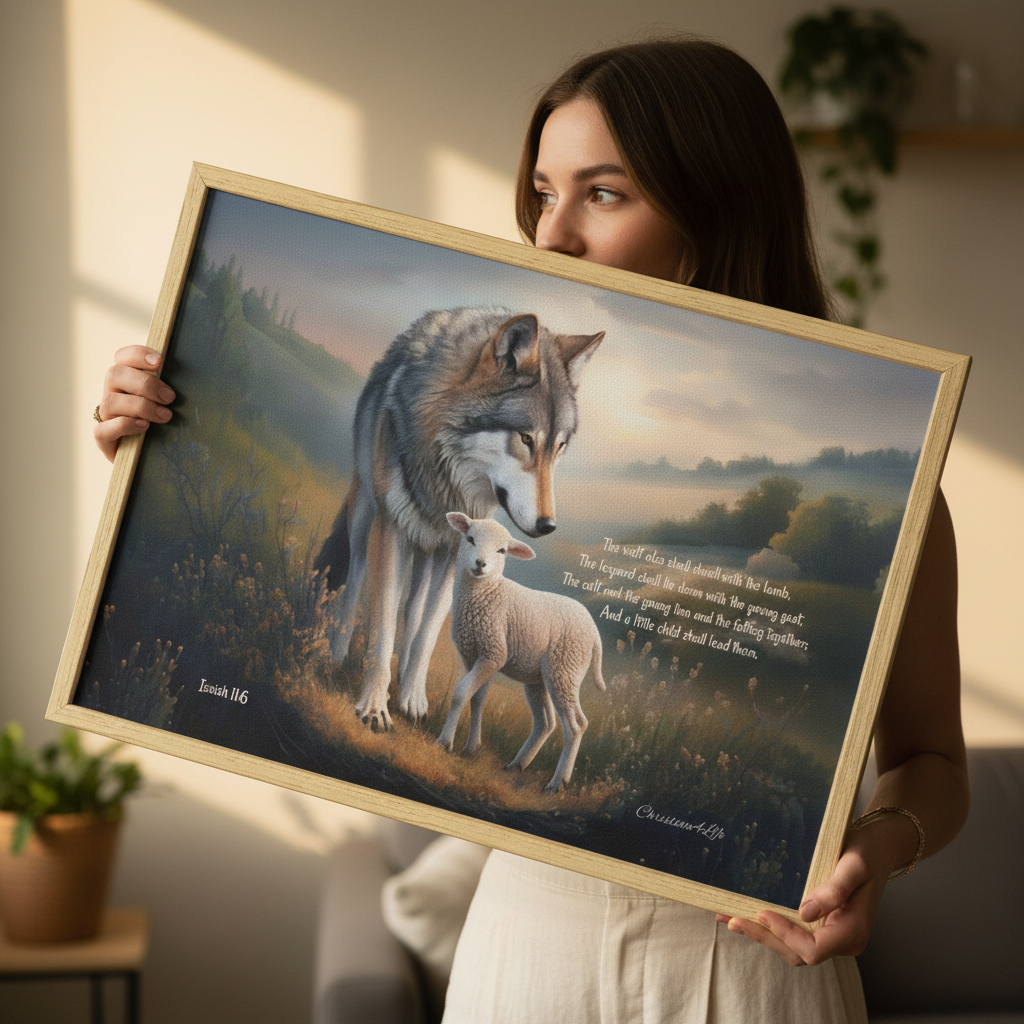 Framed - Wolf and Lamb with Isaiah 11:6 Quote, Christian Canvas, Wooden Frame