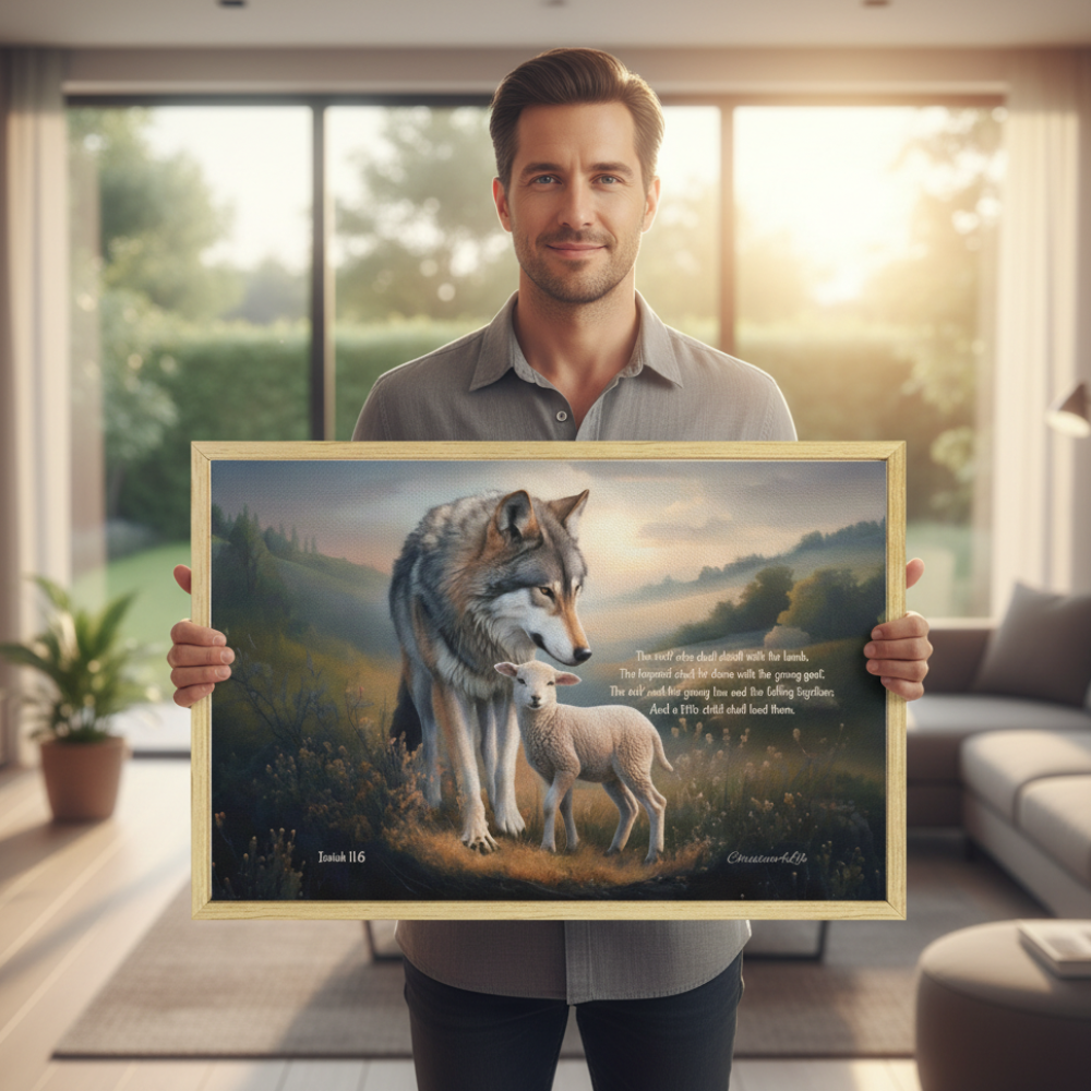 Framed - Wolf and Lamb with Isaiah 11:6 Quote, Christian Canvas, Wooden Frame