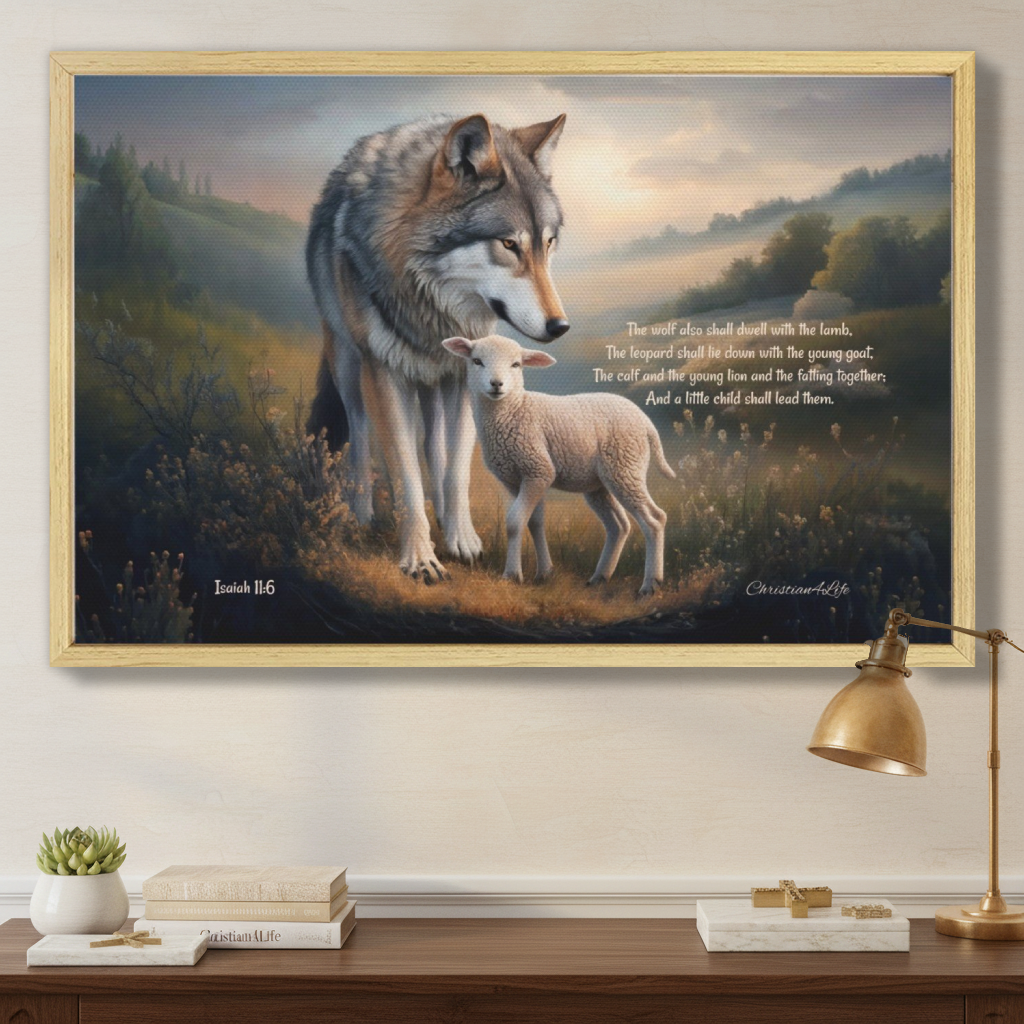 Framed - Wolf and Lamb with Isaiah 11:6 Quote, Christian Canvas, Wooden Frame