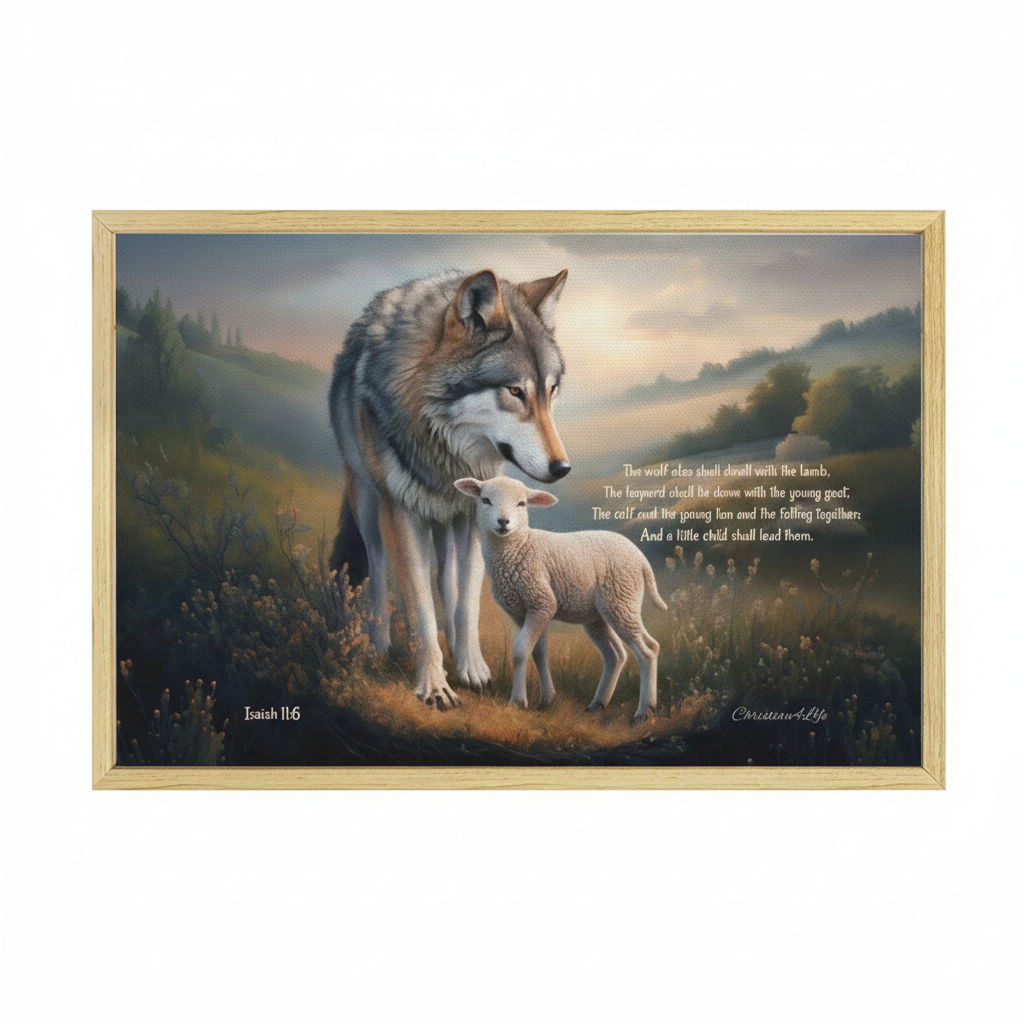 Framed - Wolf and Lamb with Isaiah 11:6 Quote, Christian Canvas, Wooden Frame