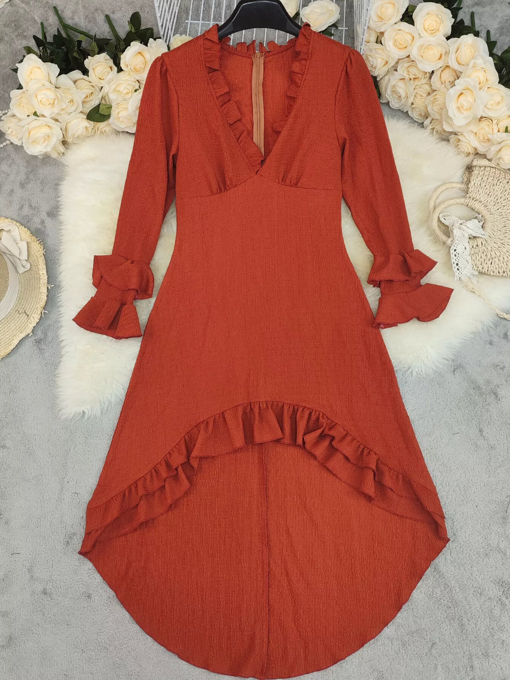 Ruffled High-Low Long Sleeve Dress