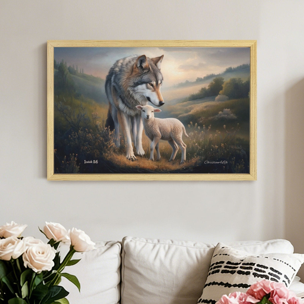 Framed - Wolf and Lamb Christian Canvas, Wooden Frame