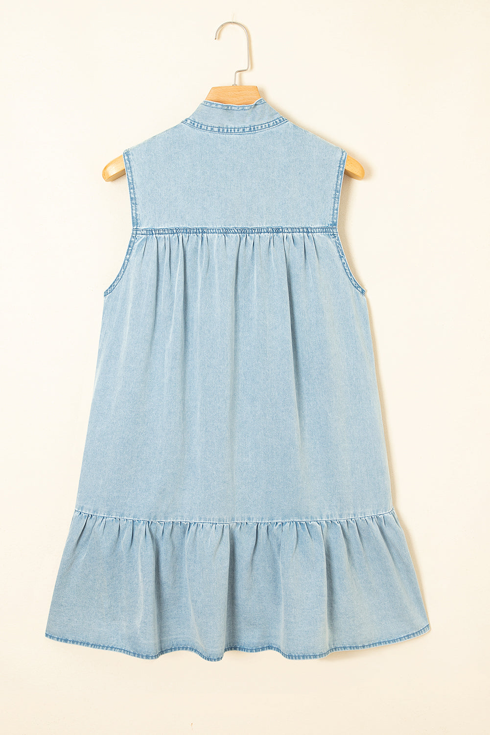 Real Teal Bowknot Neck Ruffled Sleeveless Chambray Dress