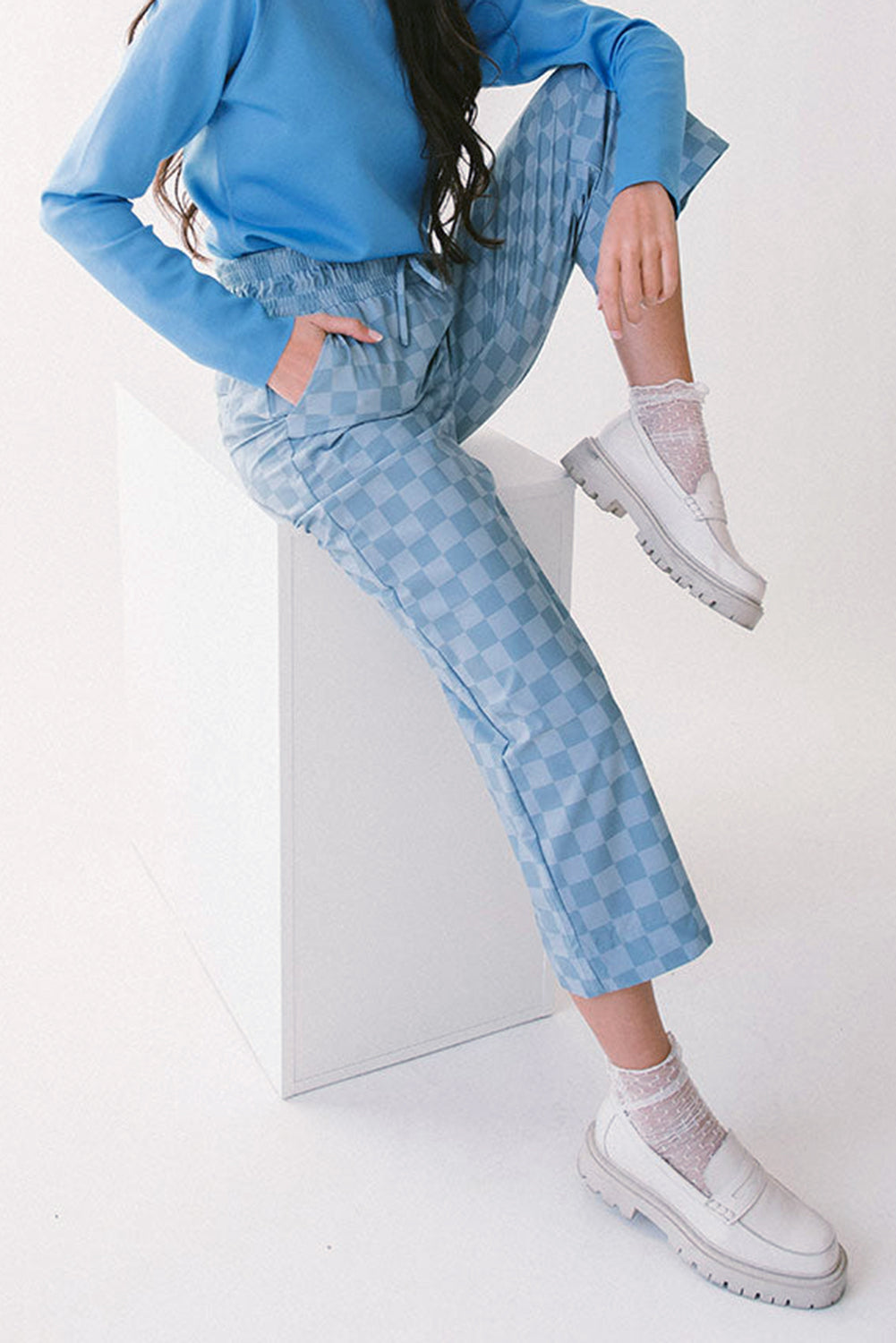 Khaki Tie Elastic Waist Checkered Loose Pants