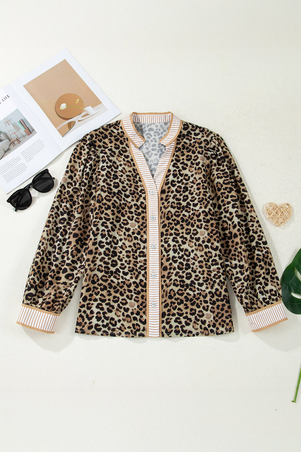 Khaki Contrast Striped Trim V Neck Leopard Shirt