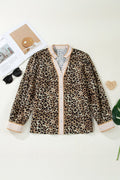Khaki Contrast Striped Trim V Neck Leopard Shirt
