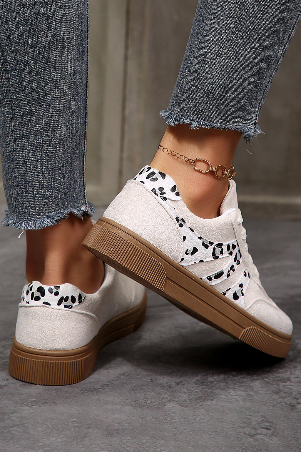 White Suede Leopard Color Block Trim Lace-up Casual Shoes