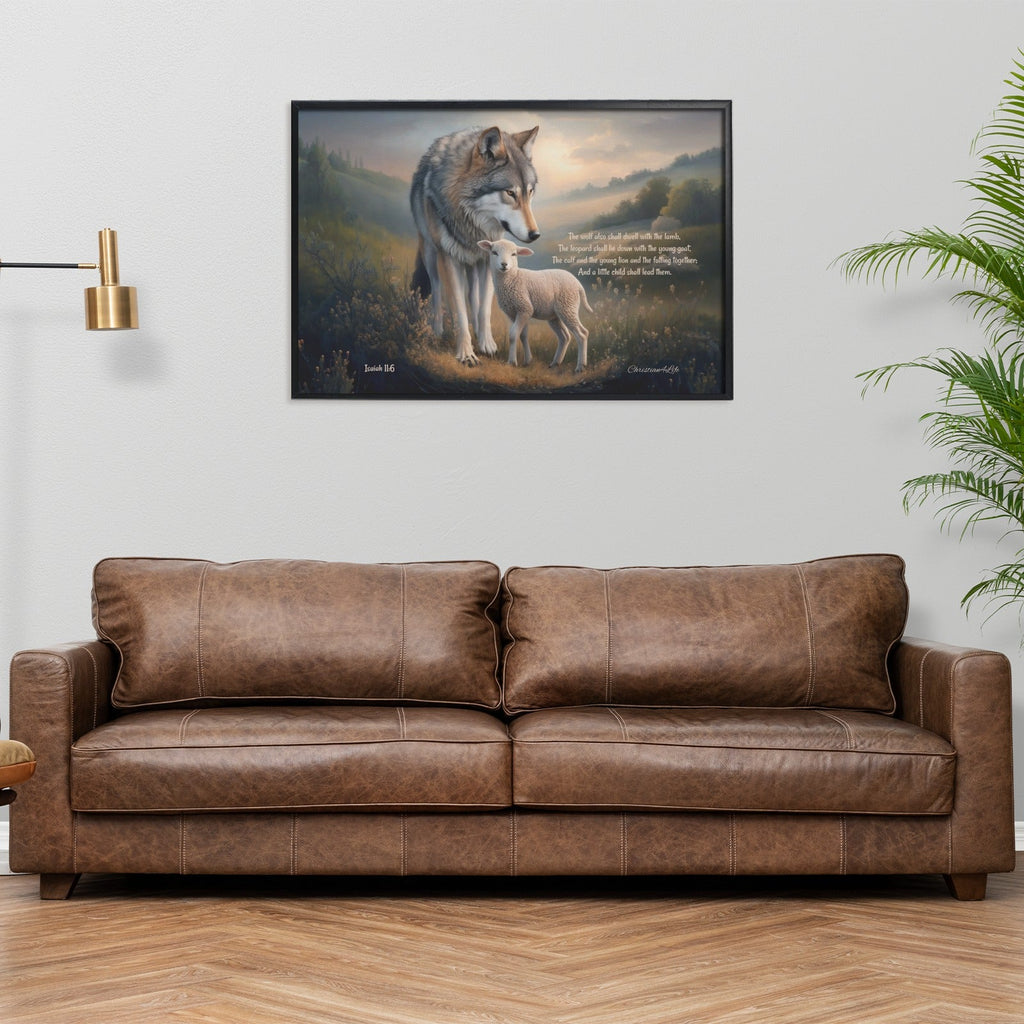 Framed - Wolf and Lamb with Isaiah 11:6 Quote, Christian Canvas, Black Frame