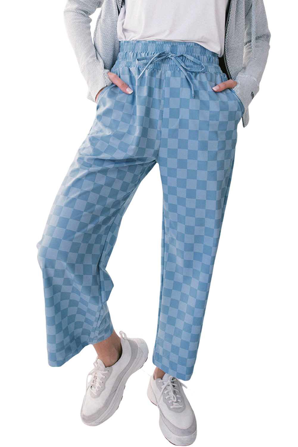 Khaki Tie Elastic Waist Checkered Loose Pants