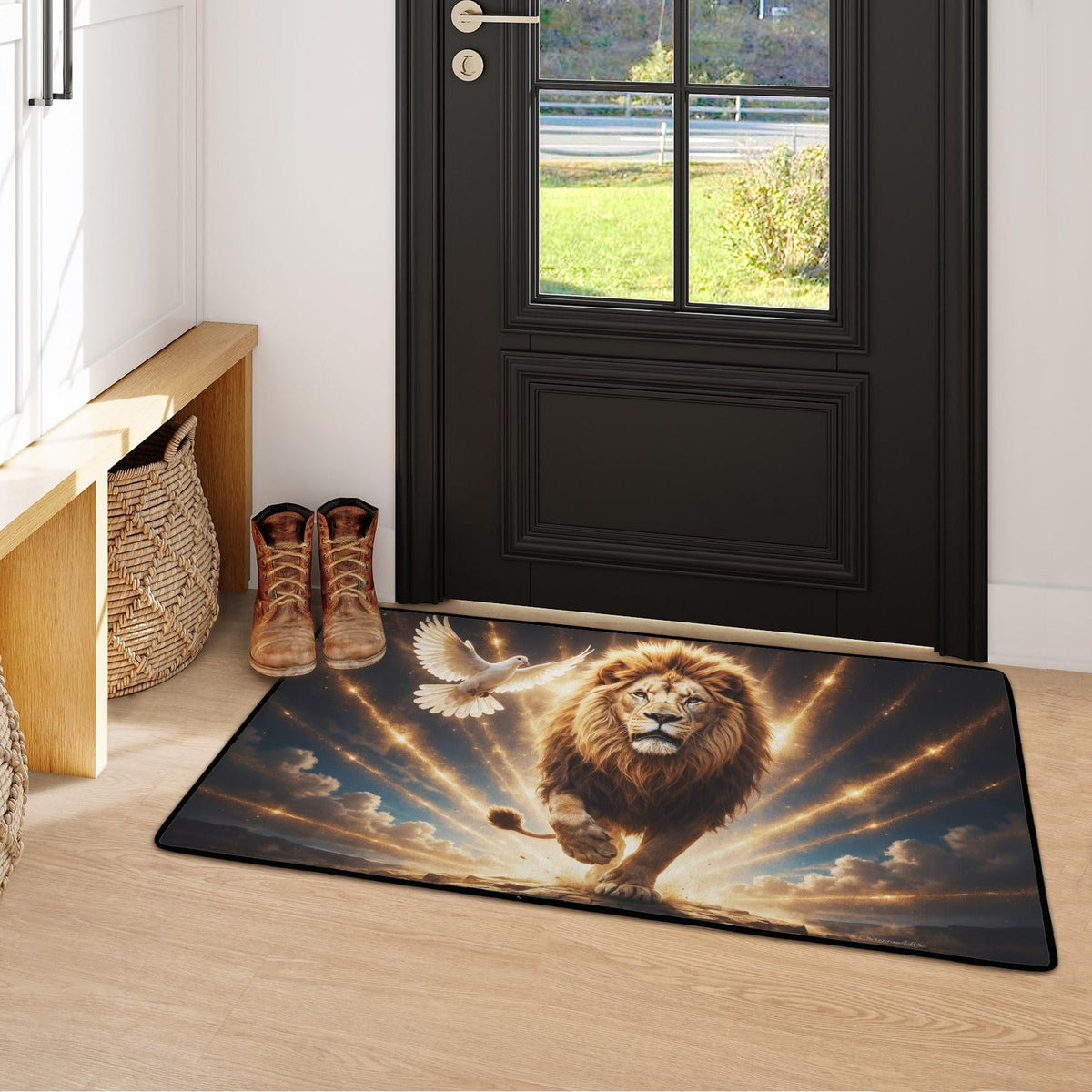 Lion of Judah and the Holy Spirit -Golden Rays and Clouds Small Area Rug with Black Binding (31"x20")