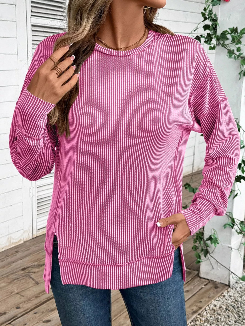 Side Slit Round Neck Sweatshirt