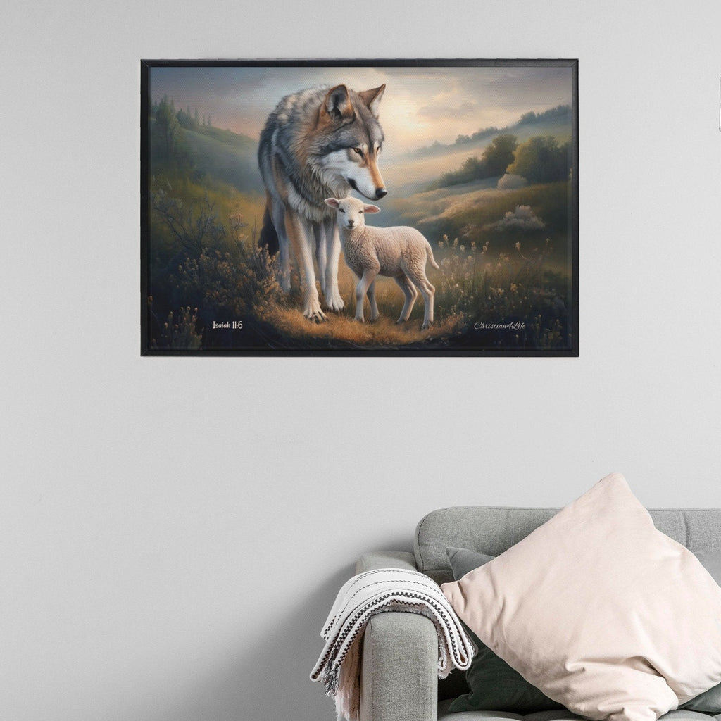 Framed- Wolf and Lamb, Christian Wall Art, Black Framed Canvas Print, Isaiah 11:6