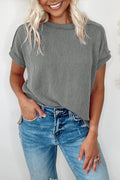 White Crinkle Rib Textured Knit Round Neck T Shirt