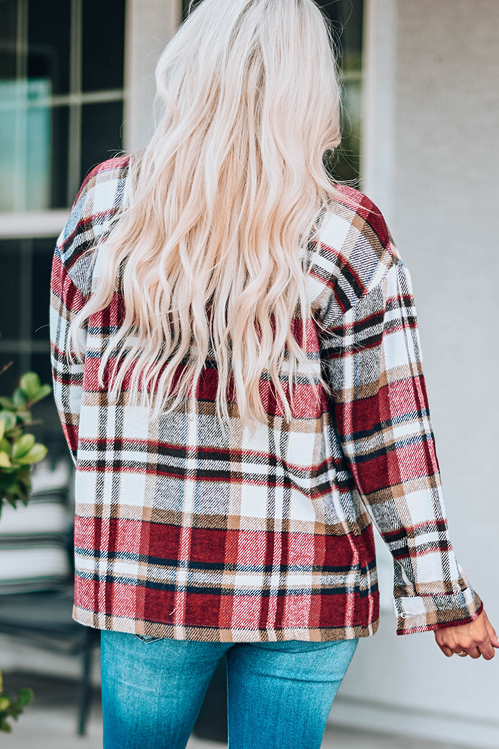 Green Geometric Plaid Print Pocketed Shacket
