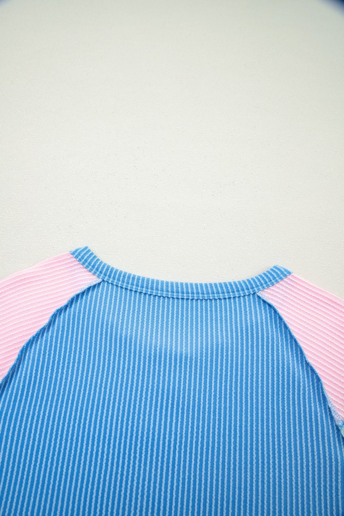 Blue Twisted Ribbed Color Block Patchwork Henley Short Sleeve T Shirt