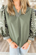 White Floral Puff Sleeve Contrast V Neck Patchwork Blouse