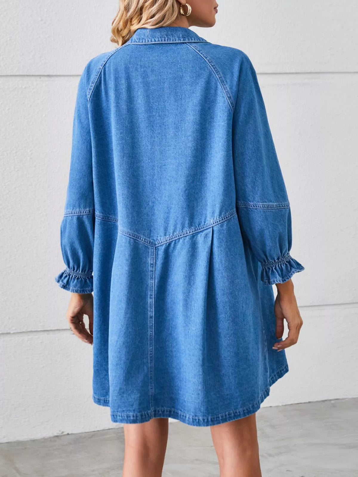 Button-Front Ruffle Cuff Denim Dress
