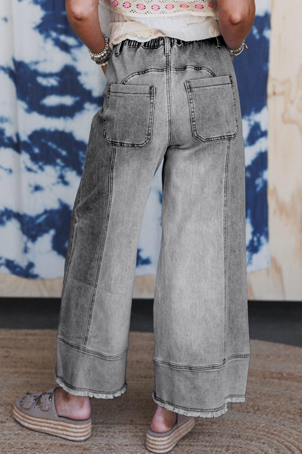Prussian Blue Drawstring Seam Detail Raw Hem Wide Leg Denim Pants