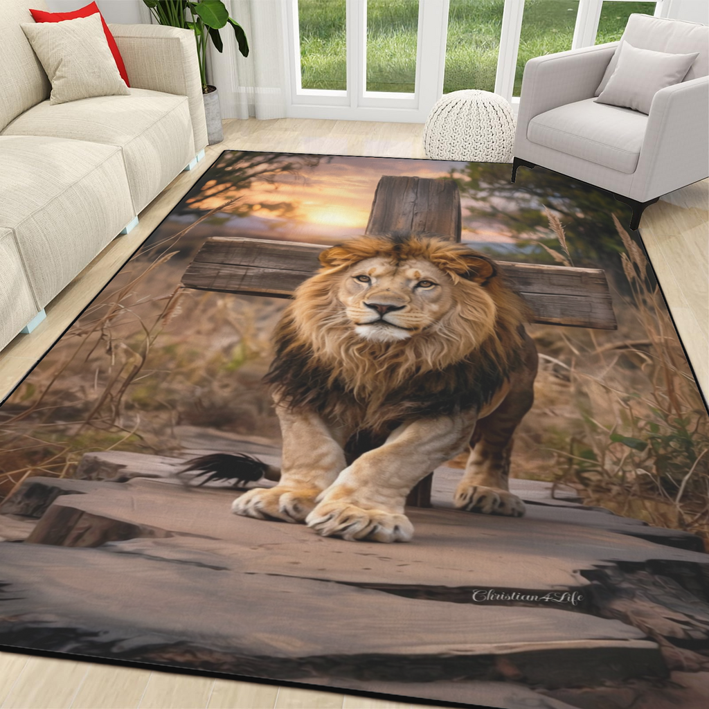 Lion of Judah, rock and cross Area Rug with Black Binding 84"x60"
