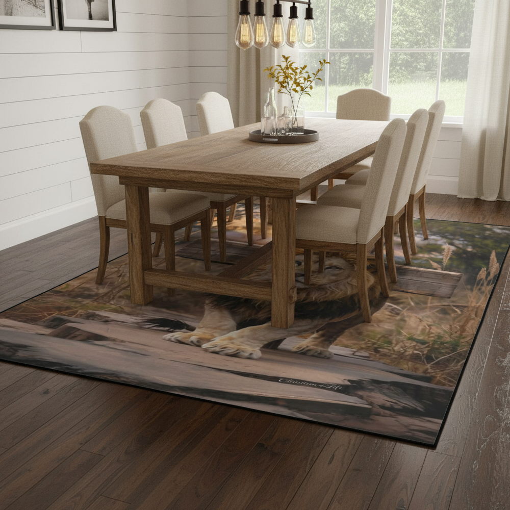 Lion of Judah, rock and cross Area Rug with Black Binding 84"x60"