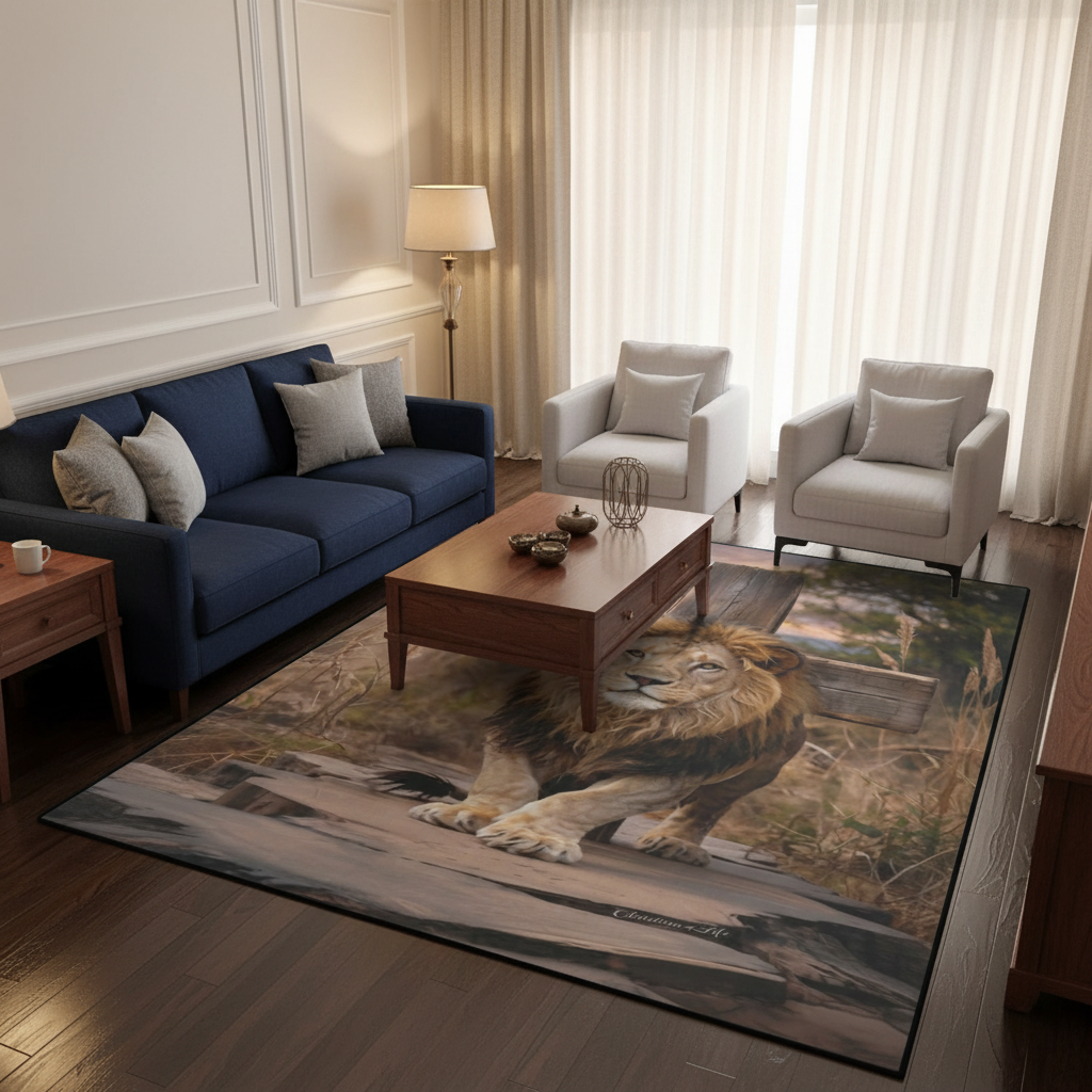 Lion of Judah, rock and cross Area Rug with Black Binding 84"x60"
