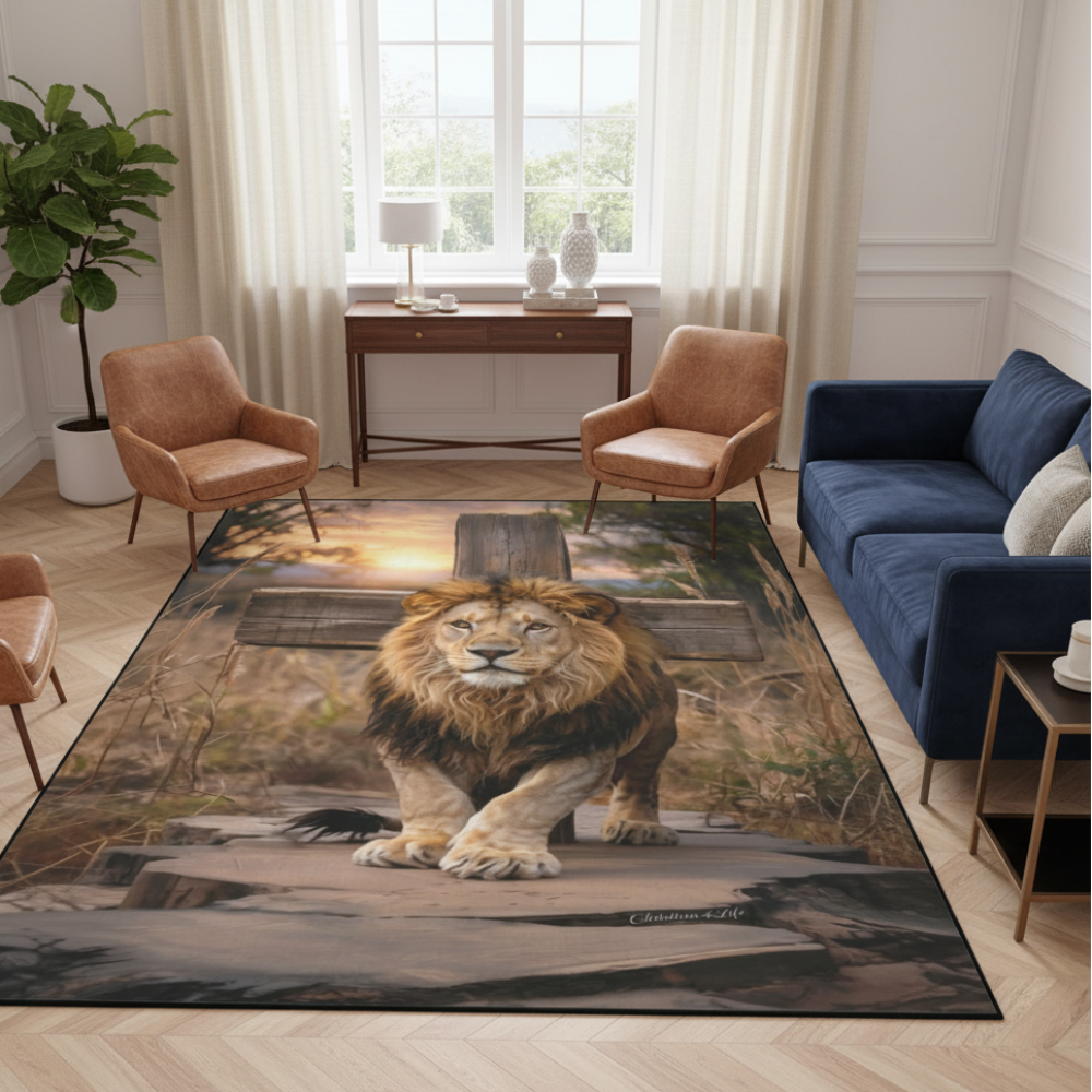 Lion of Judah, rock and cross Area Rug with Black Binding 84"x60"