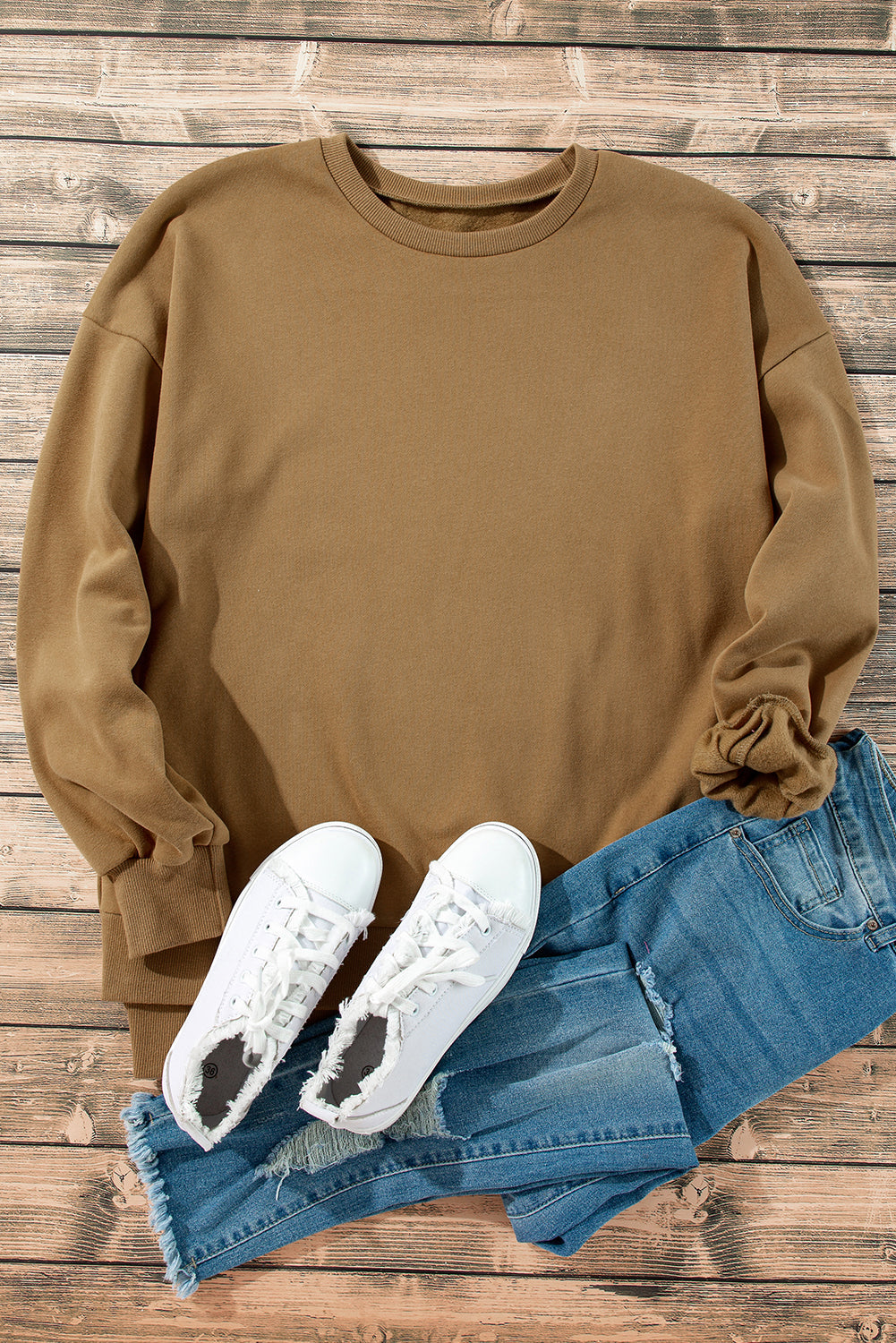 Sea Green Solid Fleece Lined Drop Shoulder High Low Sweatshirt