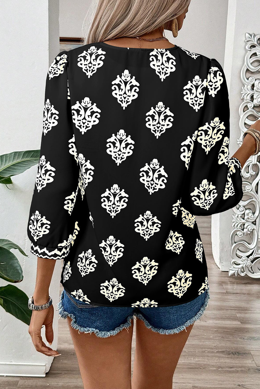 Green Damask Floral Print Contrast V Neck 3/4 Sleeve Blouse