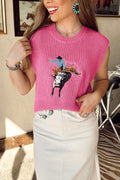 White Western Cowboy Embroidery Round Neck Sleeveless Sweater