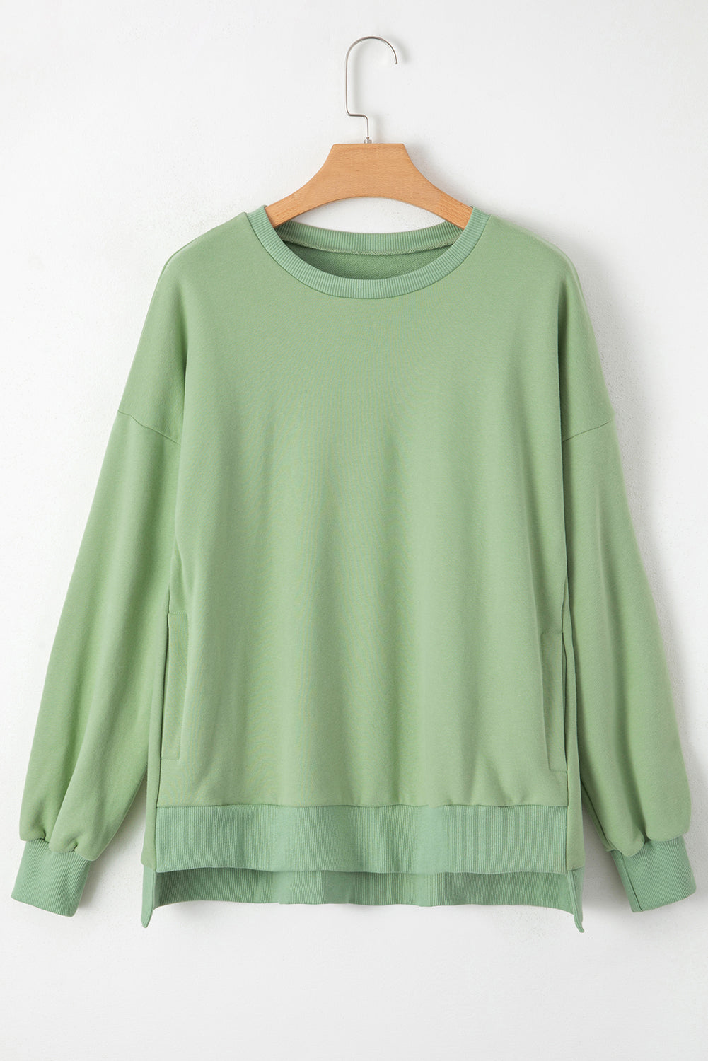 Sea Green Solid Fleece Lined Drop Shoulder High Low Sweatshirt